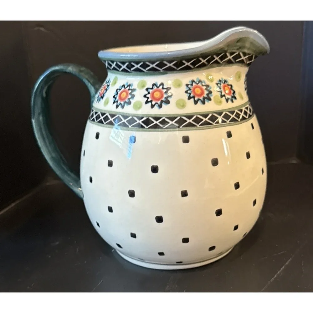 Boleslawiec Polish Art‎ Pottery Floral Blue Square Dots Pitcher Jug 6.5 Inch